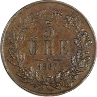 Sweden Carl XV Adolf (1859-1872) Bronze 1867 L.A.5 Öre 28.9mm KM# 707 (20 484)