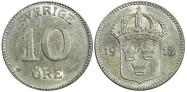 Sweden Gustaf V (1907-1950) Silver 1913 W 10 Öre  XF KM# 780 (22 084)