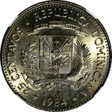 DOMINICAN REPUBLIC 1984 25 Centavos NGC MS64 Mirabal Sisters Toned KM# 61.1 (53)