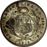 PERU Silver 1913 FG-R 1/5 Sol Mintage-223,000 Toned KM# 205.2