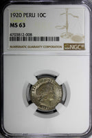 PERU Copper-Nickel 1920 10 Centavos NGC MS63 KM# 214.1  (008)