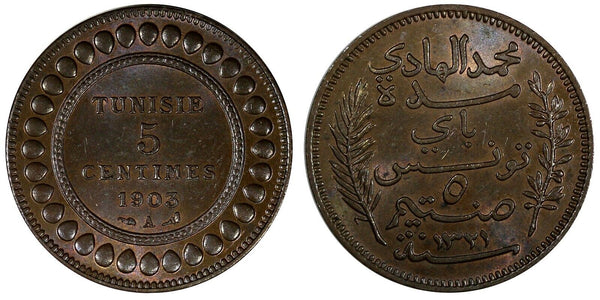 Tunisia Muhammad IV Bronze AH1322//1903 A 5 Centimes BROWN UNC KM# 228 (20 650)