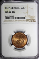 SPAIN II Republic Copper 1937 (34) 50 Centimos NGC MS64 RB KEY DATE KM#754.1 (2)