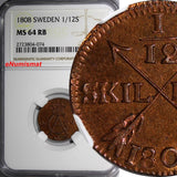 SWEDEN Gustaf IV Copper 1808 1/12 Skilling NGC MS64 RB 1 GRADED HIGHER KM563(74)