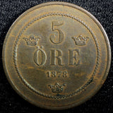 Sweden Oscar II Bronze 1878 5 Ore Mintage-364,000 SCARCE DATE KM# 736 (23 174)