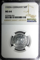 Germany, Weimar Republic 1920 A 50 Pfennig NGC MS64 GEM BU Berlin Mint KM# 27
