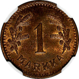 Finland Copper 1941 S 1 Markka WWII Issue NGC MS63 RB TOP GRADED KM# 30a (027)