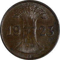 Germany - Weimar Republic Bronze 1923 J 1 Rentenpfennig Hamburg XF KM# 30 (174)