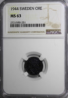 SWEDEN Gustaf V IRON 1944 1 ORE NGC MS63 1 GRADED HIGHER WWII Issue KM# 810 (51)