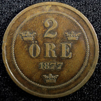 Sweden Oscar II Copper 1877 2 Ore  KM# 735   (23 135)
