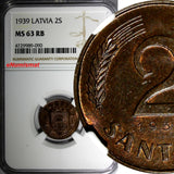 LATVIA Bronze 1939 2 Santimi NGC MS63 RB 1 YEAR TYPE Mint Luster KM# 11.2 (090)