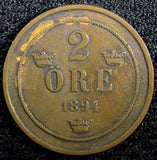 Sweden Oscar II Copper 1894 2 Ore Mintage-585 ,512 KM# 746   (23 122)