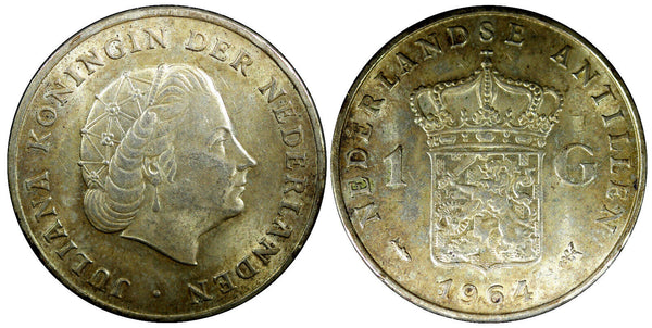 Netherlands Antilles Juliana Silver 1964 1 Gulden Toned KM# 2 (23 039)