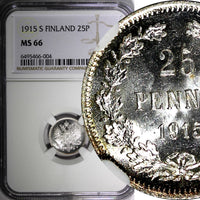 FINLAND Nicholas II Silver 1915 S 25 Pennia NGC MS66 WWI GEM BU KM #6.2 (04)