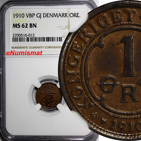 Denmark Frederik VIII Bronze 1910 VBP, GJ 1 Ore NGC MS62 BN KM# 804 (012)