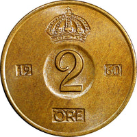 Sweden Gustaf VI Bronze 1960 TS 2 Ore GEM BU Toned KM# 821 (21 952)