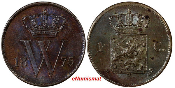 Netherlands William III Copper 1875 Broadaxe 1 Cent Choice XF KM# 100 (10 202)