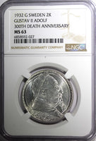 SWEDEN Silver 1932 G 2 Kronor NGC MS63 Death of Gustaf II Adolf BU KM# 805 (027)