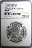 SWEDEN Silver 1932 G 2 Kronor NGC MS63 Death of Gustaf II Adolf BU KM# 805 (027)