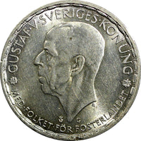 SWEDEN Gustaf V Silver 1942 G 1 Krona ARMS DIVIDE VALUE WWII UNC KM# 814 (893)