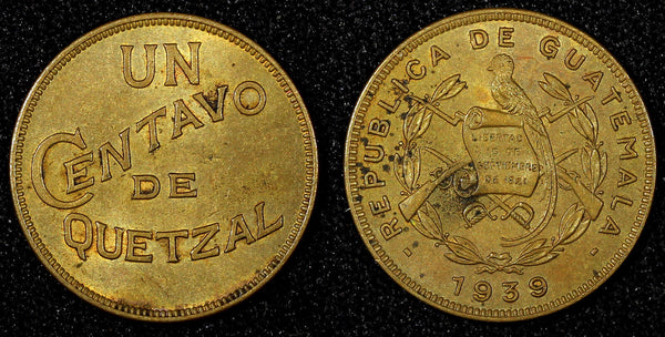 GUATEMALA Brass 1939 1 Centavo Royal British Mint aUNC KM# 249 (22 800)