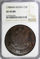 Russia Catherine II Copper 1788 MM 5 Kopecks NGC XF45 BN RED MINT C# 59.6 (05)