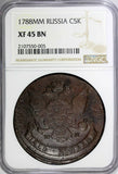 Russia Catherine II Copper 1788 MM 5 Kopecks NGC XF45 BN RED MINT C# 59.6 (05)