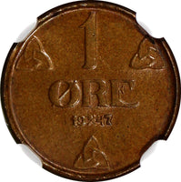 Norway Haakon VII Bronze 1947 1 Ore NGC MS64 BN TOP GRADED BY NGC KM# 367 (097)