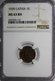 Latvia Bronze 1939 1 Santims NGC MS63 BN Nice Coin KM# 10 (122)