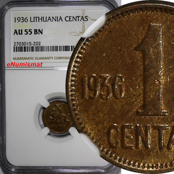 Lithuania Bronze 1936 1 Centas NGC AU55 BN 1 YEAR TYPE KM# 79 (202)