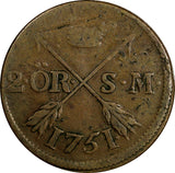 SWEDEN Adolf Frederick (1751-1771) Copper 1751 S.M.2 Ore 33.7 mm KM# 461 (14594)