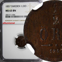 SWEDEN Oscar I Bronze 1857 1/2 Ore NGC MS63 BN BROWN KM# 686 (036)