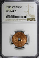 SPAIN II Republic Copper 1938 25 Centimos 1 Year Type NGC MS64 RD KM# 757 (005)