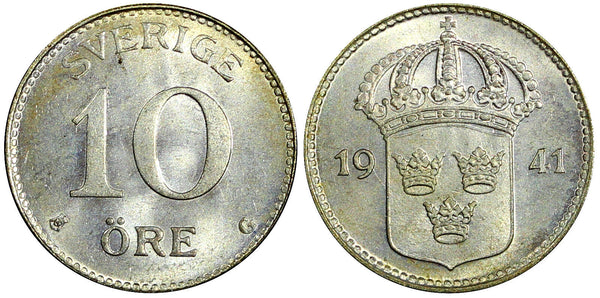 Sweden Gustaf V (1907-1950) Silver 1941 G 10 Öre  GEM BU KM# 780 (22 083)