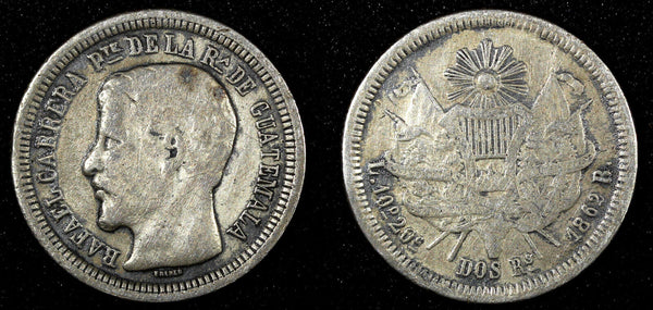 GUATEMALA Silver 1862 R 2 Reales Rafael Carrera Mintage-268,013 KM# 139 (22 741)