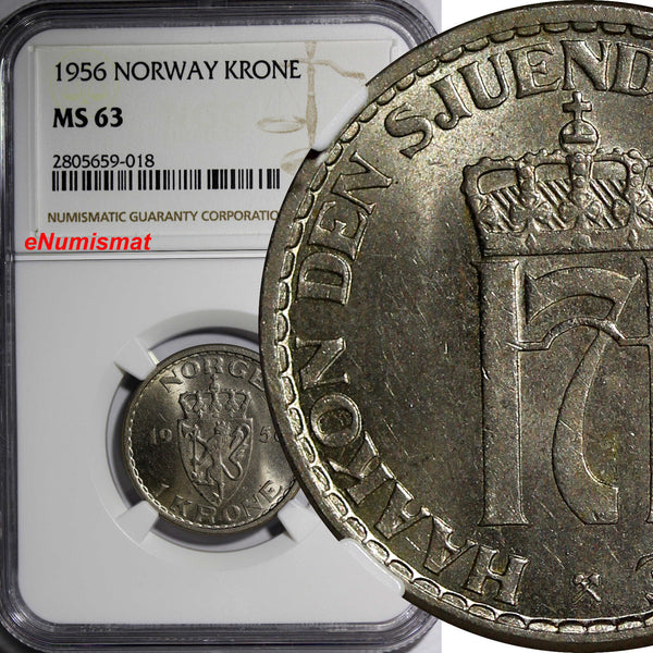 NORWAY Haakon VII Copper-Nickel 1956 Krone NGC MS63 Thick Border KM# 397.2 (018)