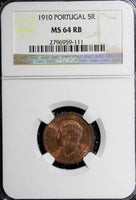 Portugal Manuel II Bronze 1910 5 Reis NGC MS64 RB RED TONING KM# 555