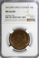 Tunisia Ali III Bronze  AH1309//1892 A 10 Centimes NGC MS66 BN TOP GRADE KM#222