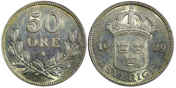 SWEDEN Gustaf V Silver 1929 G 50 Ore  Nice Toned BETTER DATE KM# 788 (22 001)
