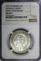 SWEDEN Gustaf V Silver 1921 W 2 Kronor NGC MS63+400th Political Liberty KM799(1)