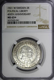 SWEDEN Gustaf V Silver 1921 W 2 Kronor NGC MS63+400th Political Liberty KM799(1)