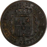 Spain Alfonso XII Bronze 1878 OM 5 Centimos SCARCE XF KM# 674 (19 499)