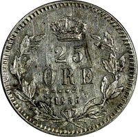 SWEDEN Oscar I Silver 1856 S.T. 25 Ore KM# 684