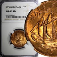 Great Britain Elizabeth II Bronze 1958 1/2 Penny NGC MS65 RD FULL RED KM#896 (1)