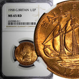 Great Britain Elizabeth II Bronze 1958 1/2 Penny NGC MS65 RD FULL RED KM#896 (1)