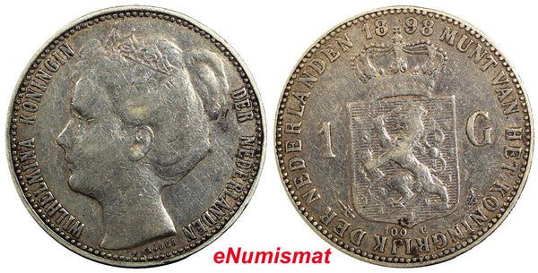 Netherlands Wilhelmina I Silver 1898 1 Gulden 28mm Coronation Issue KM# 122.1(9)