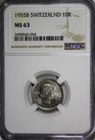 Switzerland Copper-Nickel 1955-B 10 Rappen NGC MS63 BU COIN KM# 27