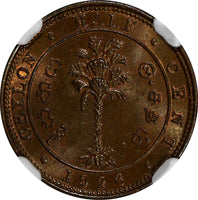 Ceylon George V Copper 1926 1/2 Cent NGC MS65 BN LAST YEAR TYPE KM# 106(153)