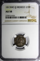 Mexico SPANISH Fernando VII Silver 1813 Mo JJ 1/2 Real NGC AU58 TONED KM#73 (23)