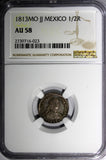 Mexico SPANISH Fernando VII Silver 1813 Mo JJ 1/2 Real NGC AU58 TONED KM#73 (23)